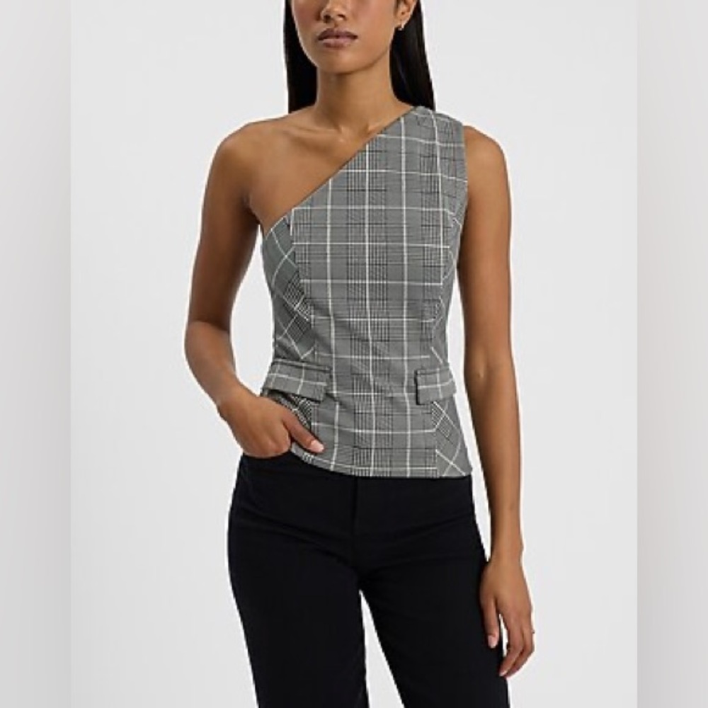 Express NWT plaid one shoulder tailored tank black white